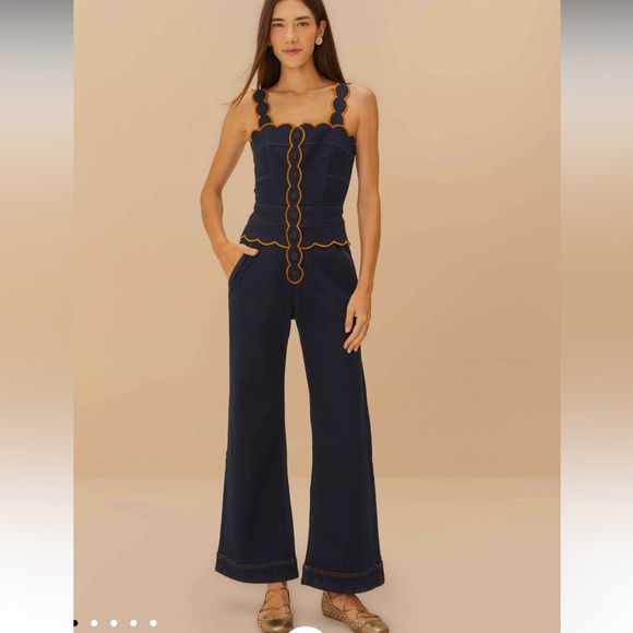 FARM Rio Dark Denim Wavy Trim Jumpsuit - Picture 1 of 7